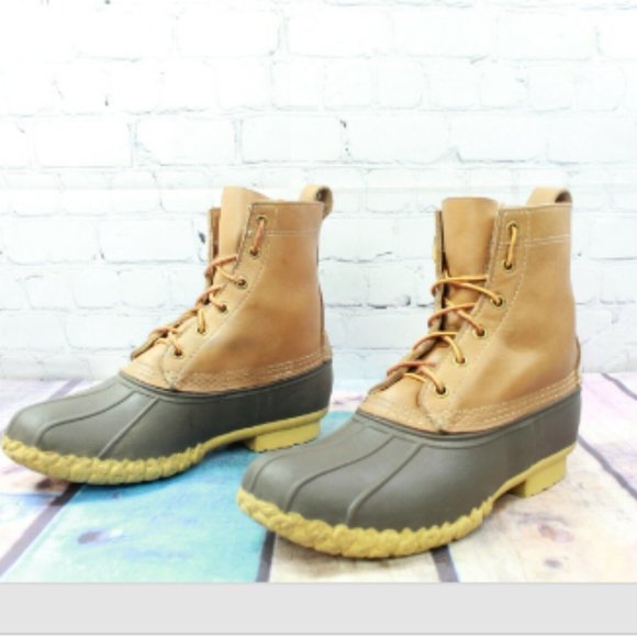 LL Bean Unlined Brown Leather Rubber Lace-up Rain Duck Boots Size M 7 L 9 - Picture 2 of 7